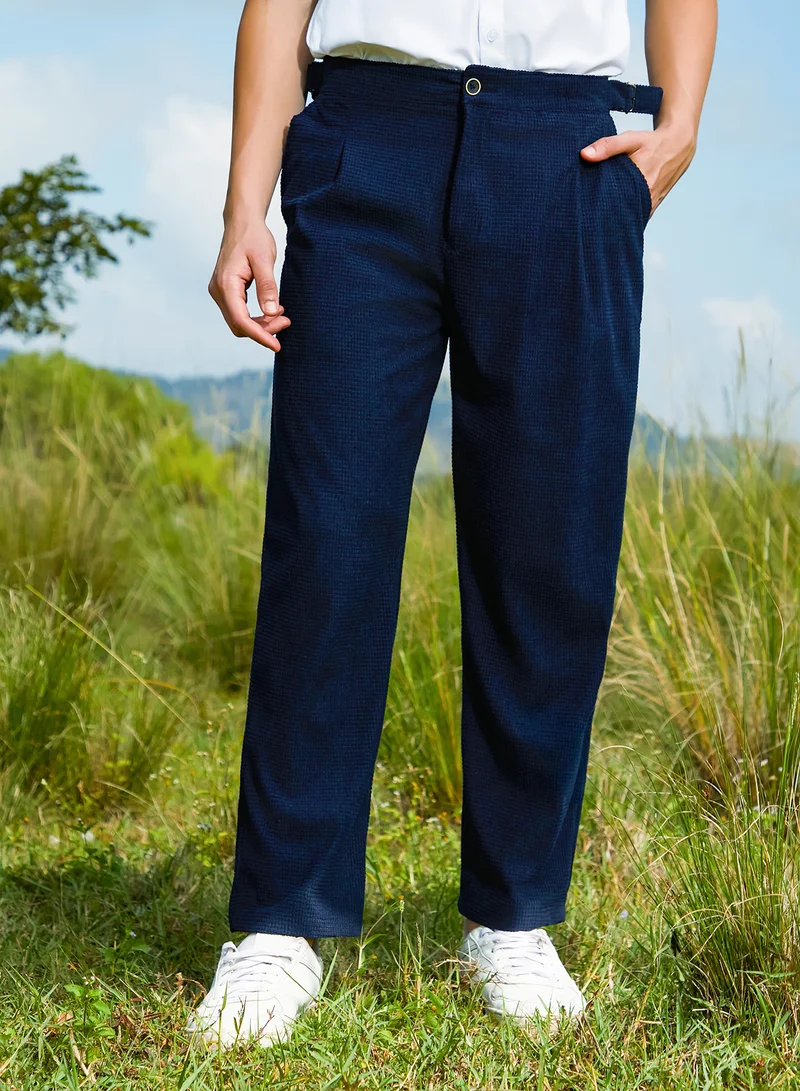 Campus Sutra Men's Navy Blue Tailored Waffle Trousers For Casual Wear | Mid-Rise | Regular Fit | Button Closure | Trousers Crafted With Comfort Fit For Everyday Wear